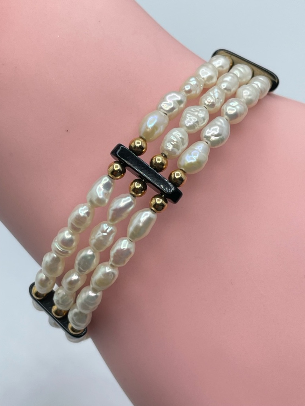 Vintage Rice Pearl Black Onyx Multi Strand Cuff Bracelet Gold Accent Elegant
